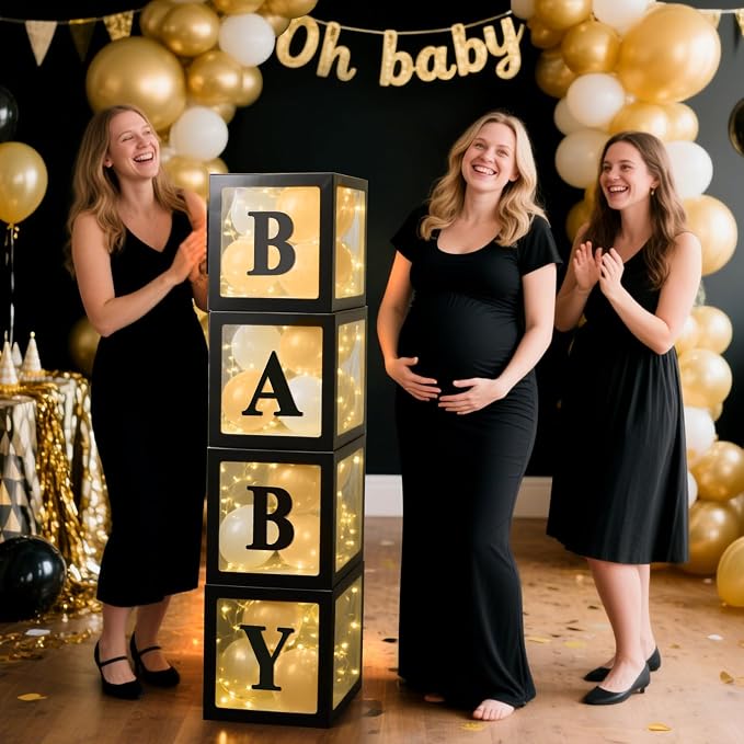 Ledido Baby Boxes with Letters for Baby Shower Decorations, 4 Pcs Transparent Balloon Boxes Blocks with Fairy String Lights, Clear Balloon Boxes for Boy Girl Gender Reveal 2026 HOCO Party Decor(Black)