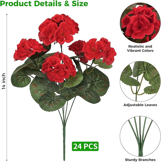Ouddy Decor Artificial Geranium Flowers for Outdoors, Fake Silk Flowers UV Resistant Faux Geraniums for Vase Planter Garden Patio Balcony Porch Indoor Outdoor Spring Summer Home Decor, 24 Pcs Red