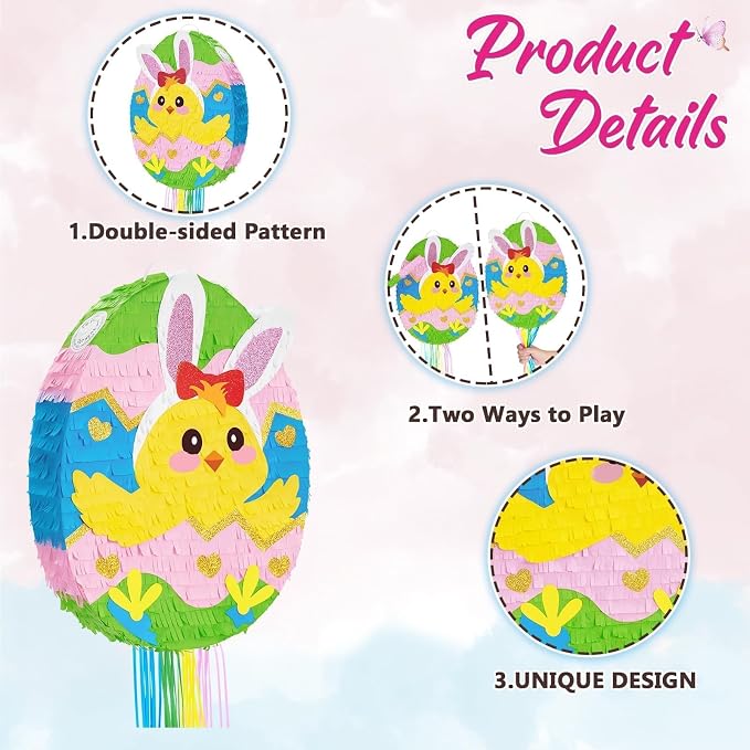 WERNNSAI Easter Egg Piñata - Easter Bunny Piñata with Blindfold and Stick Cute Chick in Egg for Party Decoration Supplies for Birthday Decoration School Spring Party Game