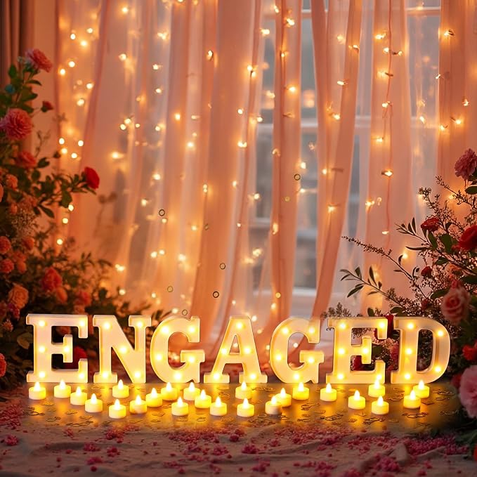 Engagement Party Decorations 7 Pcs 6.3" Engaged LED Light up Letter Sign 24 Realistic Flameless Tealights Gold I Do Confetti Proposal Table Decor for Engagement Wedding Bridal Shower Party