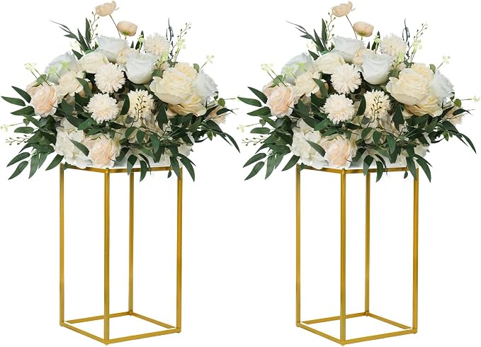 YALLOVE 2 Pack 15.75 Inch Gold Wedding Flower Stand Metal Vase Column Stand Geometric Centerpiece Vase for Home Party Wedding Decorations, Rectangular Flower Display Rack