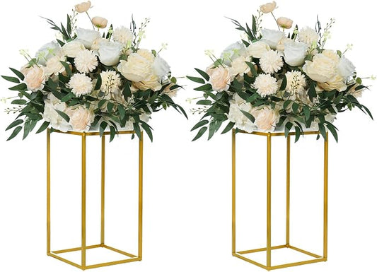 YALLOVE 2 Pack 15.75 Inch Gold Wedding Flower Stand Metal Vase Column Stand Geometric Centerpiece Vase for Home Party Wedding Decorations, Rectangular Flower Display Rack