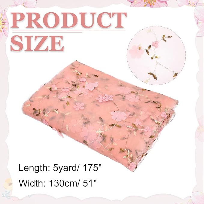 MECCANIXITY 5 Yard Tulle Fabric 175"x51"3D Flower Embroidery Mesh Lace Fabric for DIY Handmade Clothing Wedding Dress Skirt Home Curtain Decoration, Orange Pink