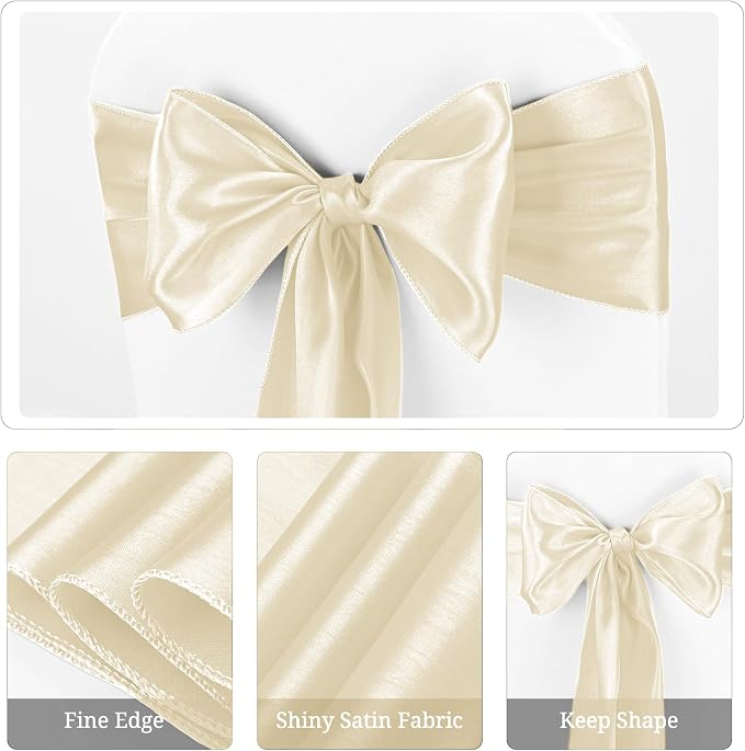 Pesonlook 60 PCS Ivory Satin Chair Sashes Bows Satin Chair Sashes Universal Chair Cover for Wedding Reception Restaurant Event Decoration Banquet,Party,Hotel Event Decorations (7 x 108 inch)