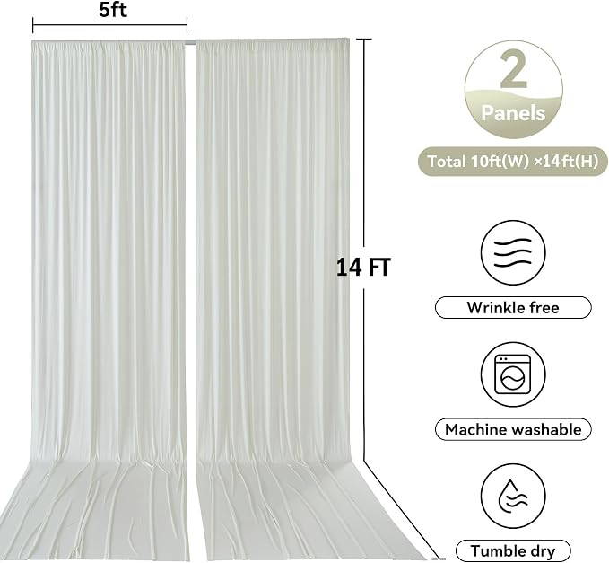 10ftx14ft Ivory Backdrop Curtains for Parties, Wrinkle Free Polyester Ivory Photo Backdrop Drapes 2 Panels 14 ft Long Back Drop Cloth for Wedding Birthday Photography Background Party