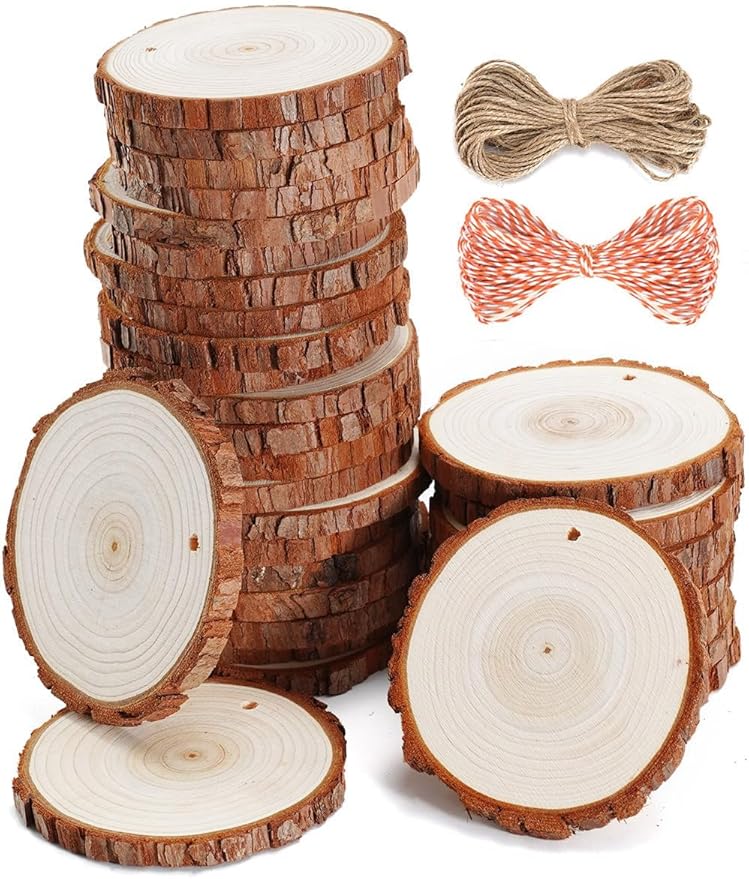 wohohoho 24pcs 2.4-2.8 inches Natural Wood Slices, Unfinished Craft Wood Kit Predrilled with Hole Thickened Wooden Circles with Bark for DIY Ornaments Christmas Wedding Decorations Wood Coasters Tags