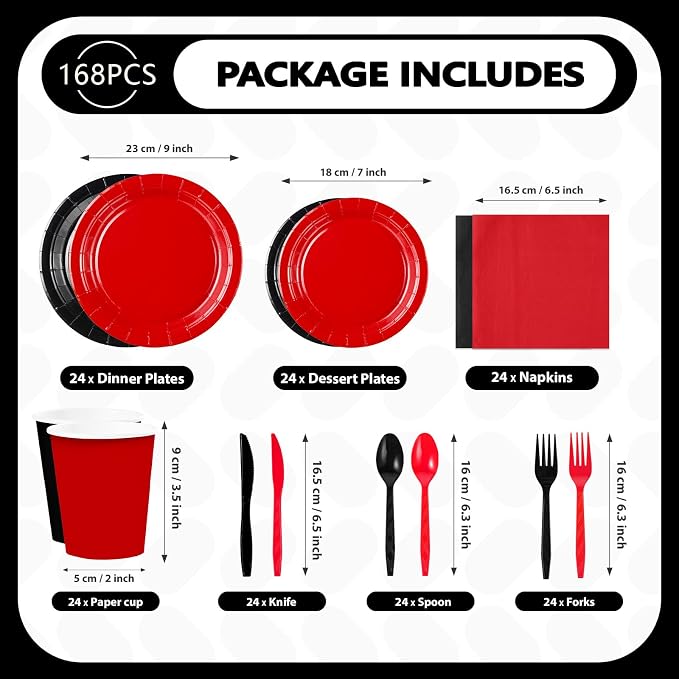 168 Pcs Red and Black Party Decorations Black and Red Plates Napkins Cups Forks Disposable Stranger Tableware Set for Congrats Fiesta Holiday Wedding Birthday Party Supplies Serves 24