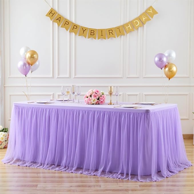 Lavender Tulle Tablecloth for 8 Foot Rectangular Table 8ft Light Purple Rectangle Table Cloth Wrinkle Free Tablecover with Tutu Skirt for Wedding Birthday Party Baby Shower Banquet Buffet Cake Event