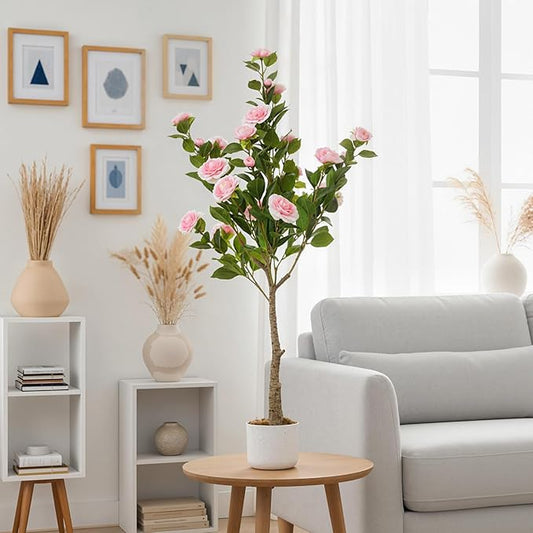 Garvee 4FT Artificial Camellia Tree, Faux Camellia Plant with White Planter and 24 Pink Flowers, 47" Fake Potted Flower Trees for Home and Office Decor, Pink