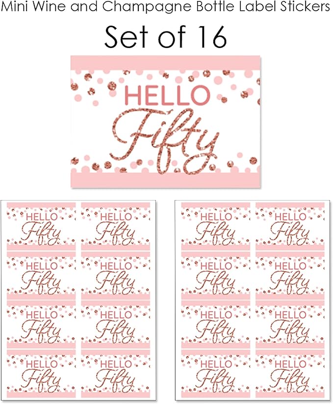 Big Dot of Happiness 50th Pink Rose Gold Birthday - Mini Wine and Champagne Bottle Label Stickers - Happy Birthday Party Favor Gift for Women and Men - Set of 16
