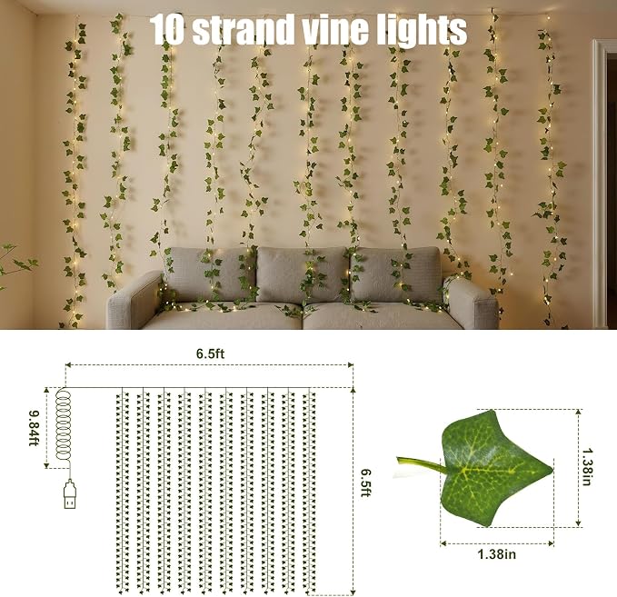 Bexdir 200 LED Curtain Vine Lights for Bedroom Decoration, 6.6x6.6ft Pre-Assembled Hanging Fake Vines with Fairy Lights USB Powered, Aesthetic Artificial Ivy Lights for Room Wall Decor