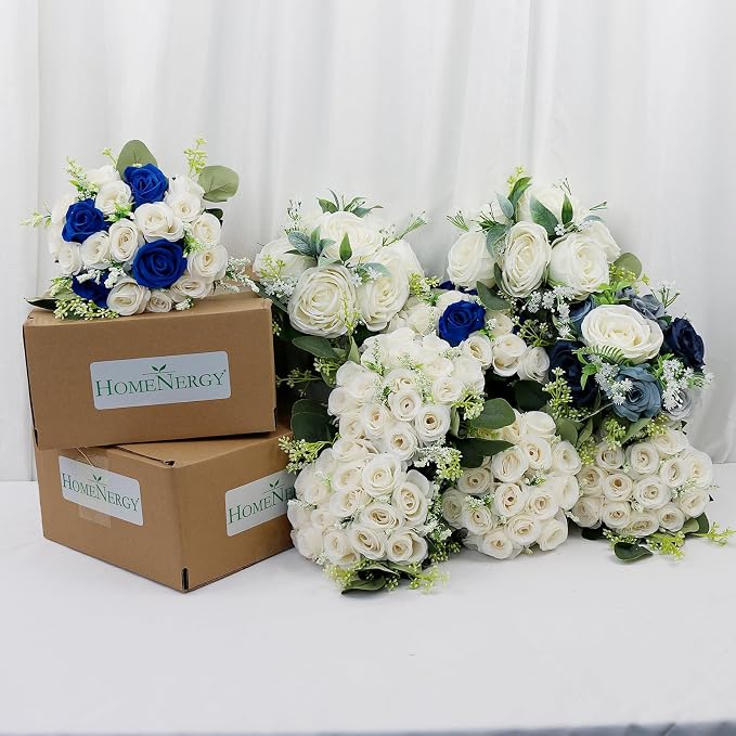 Set of 4 Bridesmaid Bouquets for Wedding - 7 Inch Artificial Ivory Flower Bouquet for Party Ceremony Anniversary Dinning Table Centerpieces Decor - Ivory