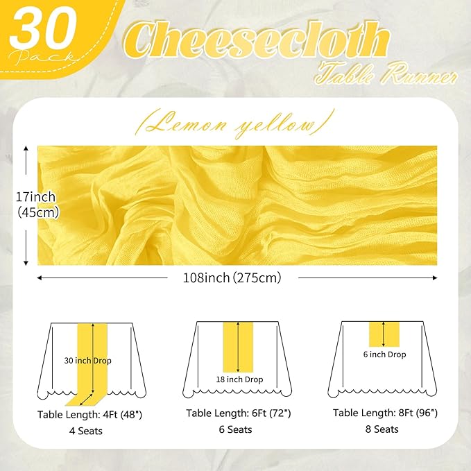 30 Pack Lemon Yellow Cheesecloth Table Runner 17 x 108 inch Cheese Cloth Table Runners 9ft Yellow Table Runner Rustic Romantic Sheer Gauze Runner for Wedding Party Baby Shower Table Decoration