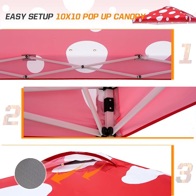 EAGLE PEAK Pop Up Canopy Tent with Wheeled Carry Bag, 8 Stakes, 4 Ropes, 4 Weight Bags, Easy Set Up Tent Canopy, 10x10 ft, 100sqft of Shade, Red Mushroom