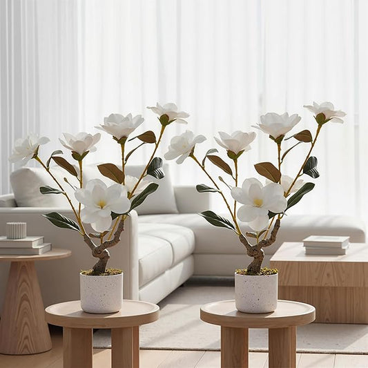 Garvee 2 Pack Artificial Magnolia Tree, 24" Artificial Realistic Magnolia Grandiflora with White Planter and 6 Lifelike Flowers, Fake Potted Flower Plant for Home Office Decor, White
