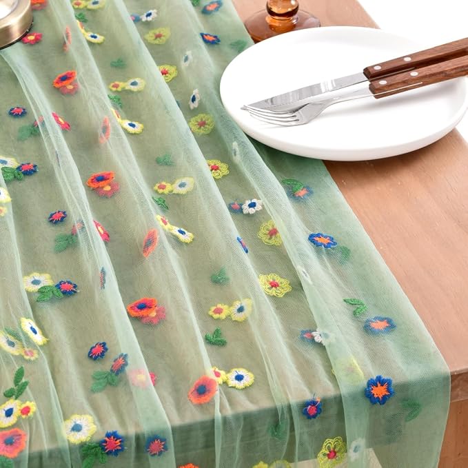 Joanlody 6pcs Sage Green Summer Flower Table Runner 10ft Embroidery Daisy Floral Seasonal Tulle Table Runner for Home Garden Tea Party Holiday Birthday Decoration