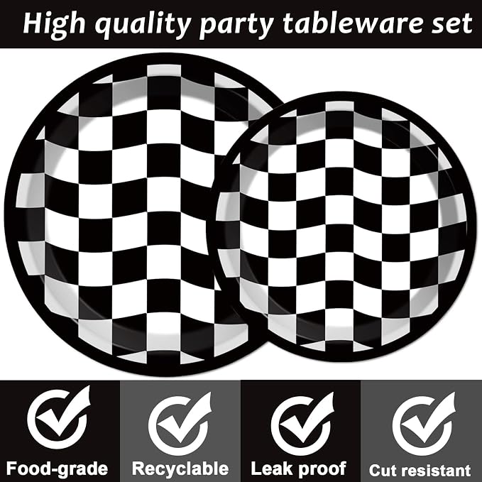 96PCS Race Car Birthday Party Decorations Black and White Checkered Plates Sports Themed Table Supplies Decorations Racing Dessert Plates Napkins Forks for 24 Guests Racing Car Birthday Party Favors
