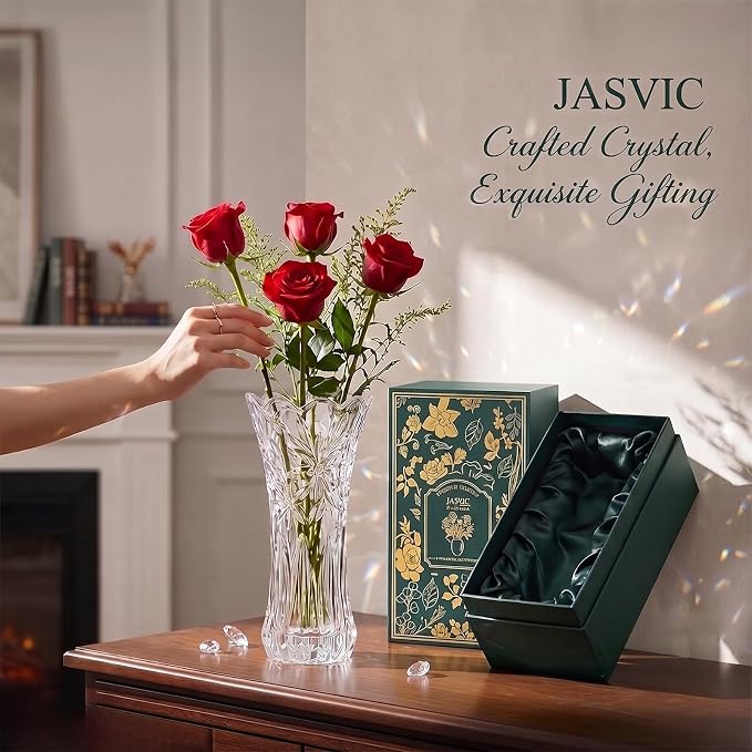 12" Glass Crystal Vase for Flowers with Luxury Gift Box, Elegant Tall Clear Vases for Mother's Day, Wedding, Valentine Gift, Large Floreros Centerpieces for Living Room Home Décor