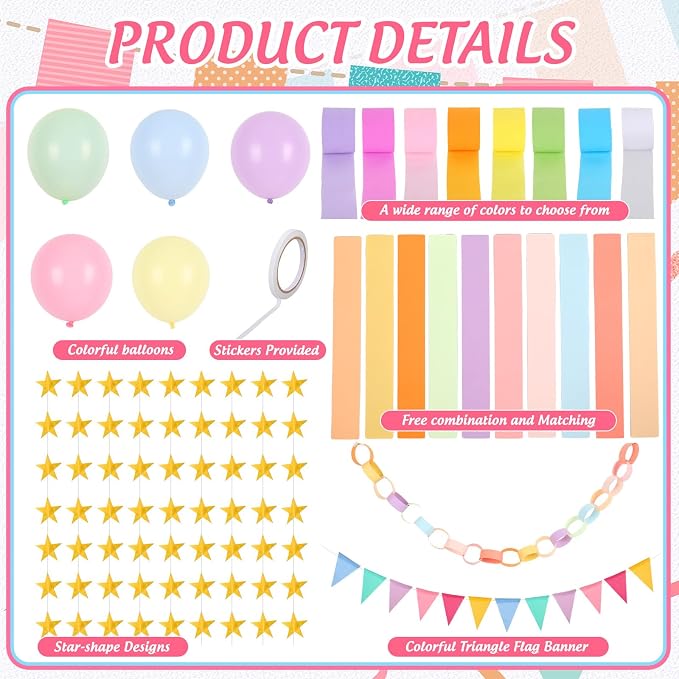 FYSUIMU Pastel Decorations 300Pcs Colorful Paper Chain Stripe 100Pcs Balloon 656 Ft Crepe Paper Streamer 65.6 Ft Gold Star Garland 13.1 Ft Flag Banner for Back to School Wedding Backdrop DIY Crafts