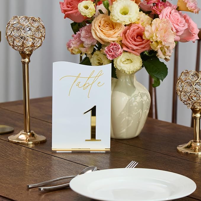 Gold Mirrored Acrylic Wedding Table Numbers 1-20 Set, Self-Standing Modern Arched Signs for Reception Seating, Anniversary & Bridal Shower, Elegant Wedding Decor (5x7 Inches)