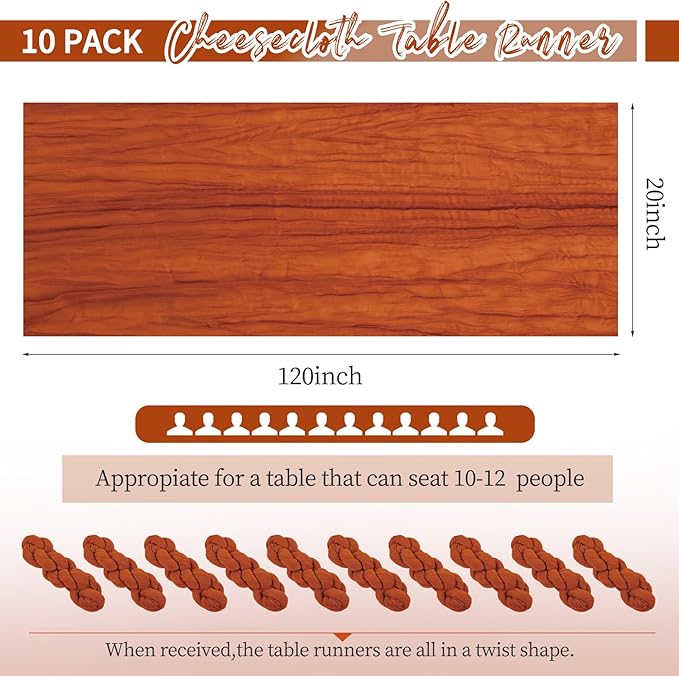 10 Pack Terracotta Table Runner 10Ft Cheesecloth Table Runner Boho Gauze Cheese Cloth Table Runners Romantic Long Sheer Fabric Table Runners for Wedding Party Bridal Shower