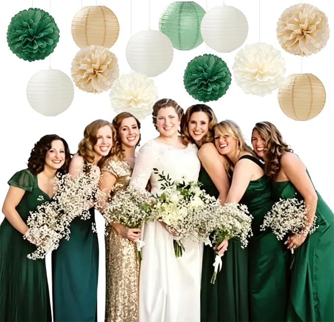 Sage-Green Gold Party-Decorations Paper-Flowers Lanterns - 15pc Boho White Champagne Tissue Pom Poms Streamers,Birthday Bachelorette Bridal Baby Shower Engagement Wedding Graduations Decor Panduola