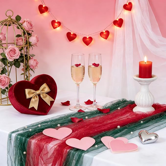 Pearl Tulle Table Runner Fabric: Red 10ft Valentines Veil Dessert Christmas Chiffon Pearl Lace Boho Glitter Overlay Wedding Aisle Runner Party Decorations Doilies