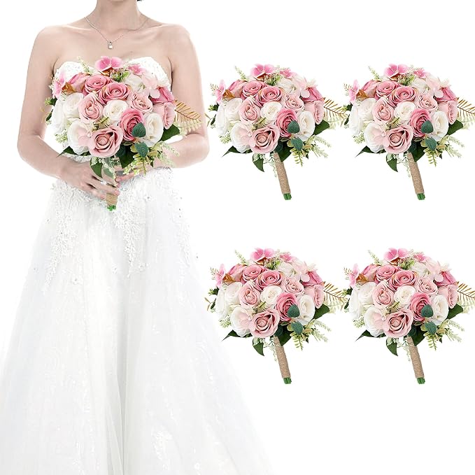 Set of 4 Bridesmaid Bouquets for Wedding - 7 Inch Artificial Ivory Flower Bouquet for Party Ceremony Anniversary Dinning Table Centerpieces Decor - Dusty Pink & White