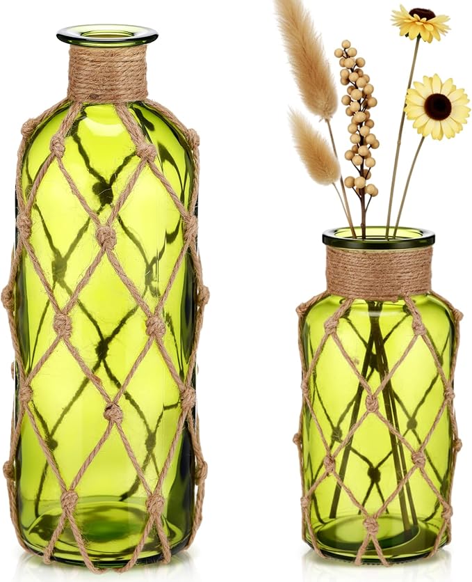 Chuangdi Set of 2 Coastal Glass Vases for Flowers TSITP Flower Vase with Boho Rope Small Sea Glass Jar Nautical Beach Bottle for Wedding Table Centerpieces Floral Arrangement Decor(Olive Green)