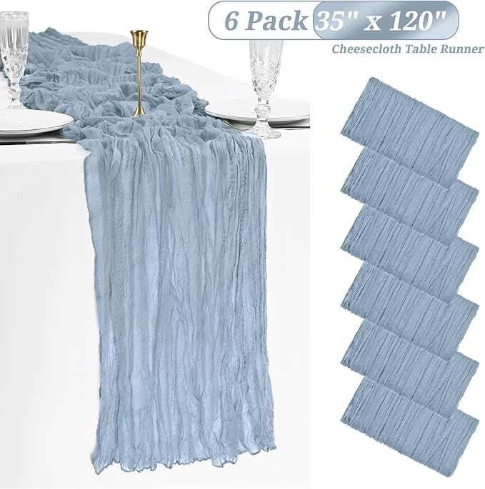 Showgeous 6 Pack Dusty Blue Cheesecloth Table Runner, 10FT Long Semi-Sheer Boho or Rustic Gauze Table Runner Wedding Table Decor for Wedding Arch Draping Bridal Shower Holiday Party