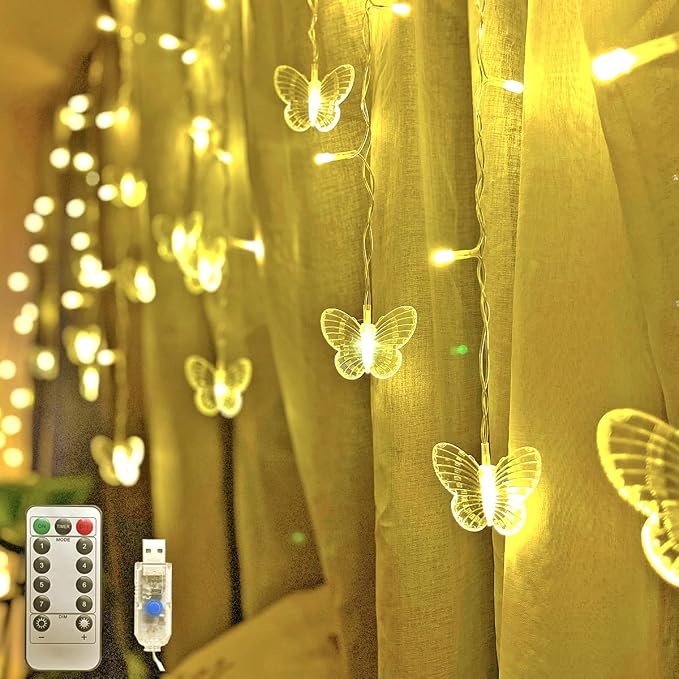 Butterfly Curtain Fairy Lights USB Plug in,8 Modes 120 LED 21FT Firefly Twinkle Timer String Lights with Remote, Waterproof for Bedroom Patio Christmas Wedding Party (Warm White)