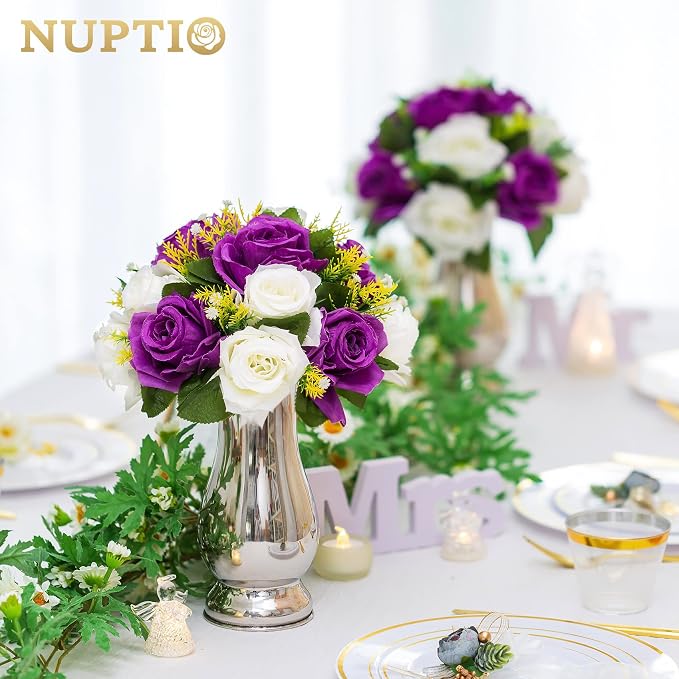 NUPTIO Flower Balls Centerpieces for Tables: Purple White Fake Roses | 10 Pcs 9.5 inch, Artificial Flower Arrangements for Wedding, Birthday Party, Bridal Shower, Quinceanera Decorations