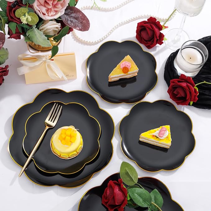 EI 180pcs Black Plastic Plates with Gold Plastic Silverware,Black and Gold Plates Disposable,Heavy Duty Plate for Party,Wedding,Anniversary,Spring Afternoon Tea Business Event,Graduation Decorations