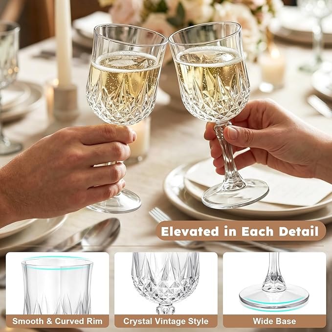Plastic Wine Glasses, Disposable Plastic Goblets 7.1oz for Wedding Party Holiday, Unbreakable Wine Cups with Stem Vintage for Champagne Juice Cocktail (48pcs Transparent)