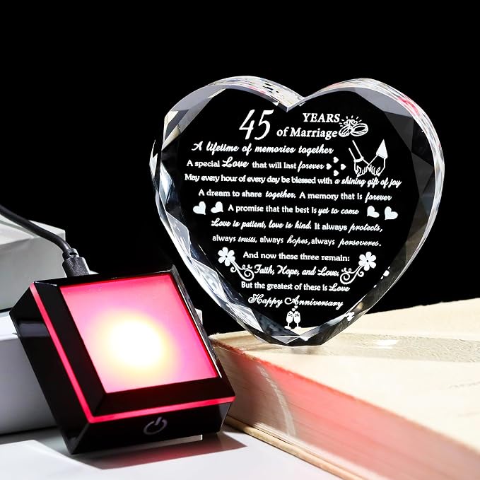 Arikyrist 45th Wedding Anniversary Crystal Gifts for Couples Parents, Romantic Heart 45th Anniversary Keepsake Gifts Ideas for Her Him, 45 Years of Marriage Gift for Wife Husband