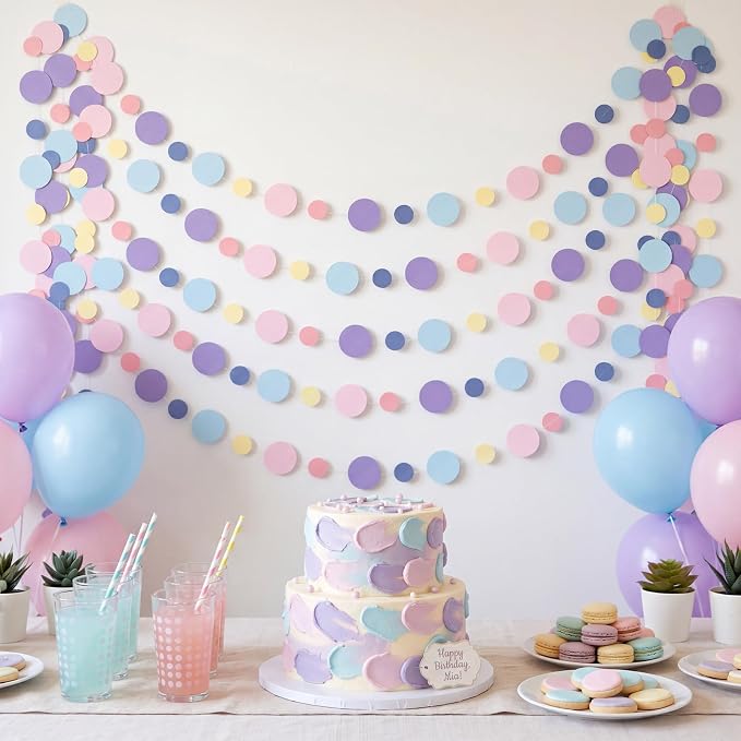 Outus 5 Pieces Colorful Circle Garland Banner Hanging Paper Dot Decorations for Classroom, Birthday Party, Baby Shower, Wedding Backdrop & Photo Booth Graduation Decor (Pastel Rainbow)