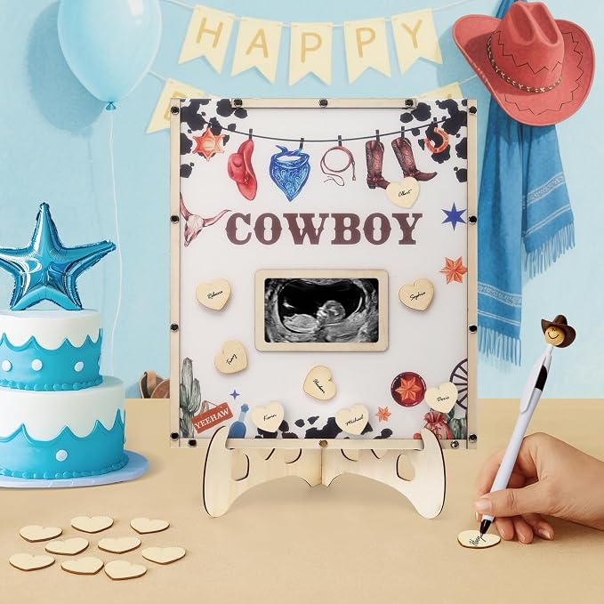 Cowboy Baby Shower Decorations,Western Baby Shower Guest Book Alternatives with Cowboy Pen,60 Heart Wood Slices for 60 Guests,My First Rodeo Birthday Party Decorations Boy or Gir