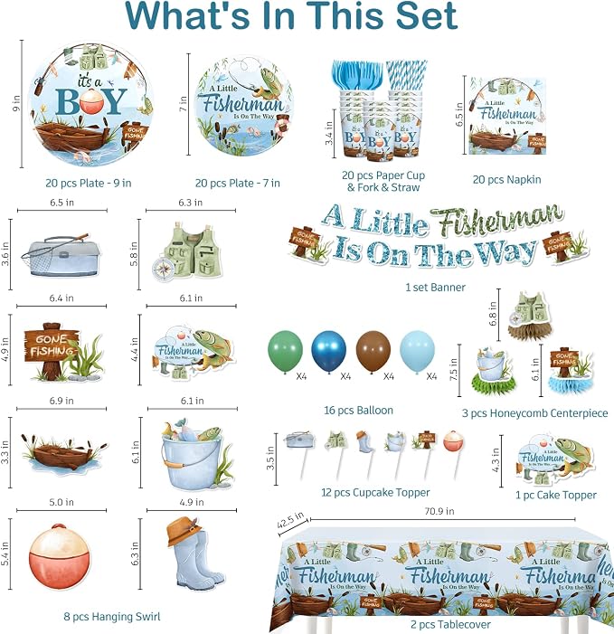 171 PCS Fishing Baby Shower Decorations for 20 Guests, Disposable Tableware Set with Banner, Cake Topper, Balloons, Plates and Napkins-Easy Assembly Fishing Theme Baby Shower