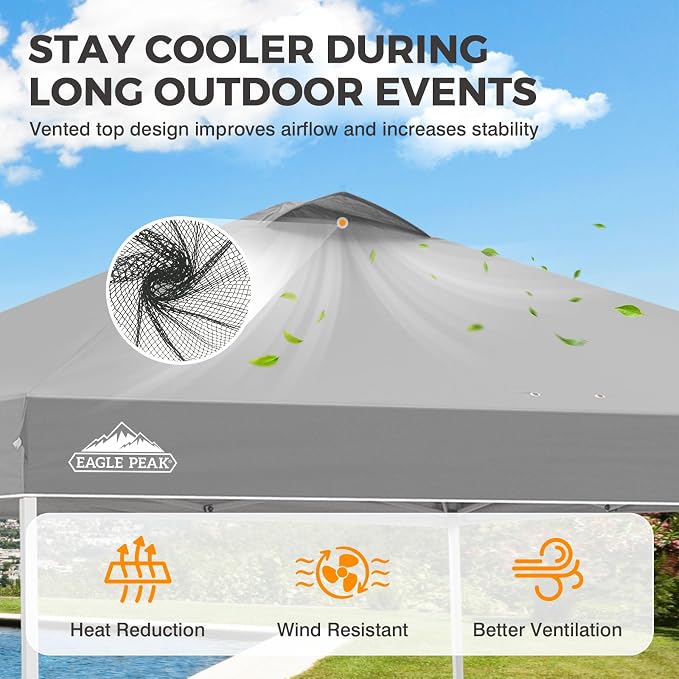 EAGLE PEAK Pop Up Canopy Tent with Wheeled Carry Bag, 8 Stakes, 4 Ropes, 4 Weight Bags, Easy Set Up Tent Canopy, 10x10 ft, 100sqft of Shade, Light Gray