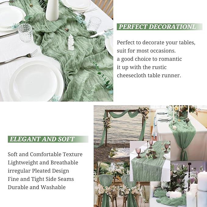 8 Pack Sage Green Cheesecloth Table Runner, 10Ft Boho Gauze Table Runner 35×120 Inch Rustic Romantic Long Table Runner for Wedding Party Bridal Shower Thanksgiving Christmas Decoration