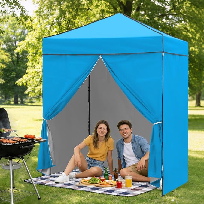 6x4 Pop Up Canopy Tent with Four Wall Panels, Instant Portable Beach Canopy, Outdoor Tent with Carry Bag for Camping, Sports, Tailgating, Events, Light Blue