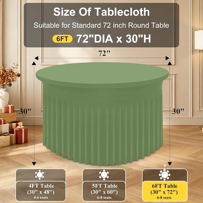 Smiry Round Spandex Tablecloth, Elastic Fitted Washable Tablecloths for 72 Round Tables, Waterpoof Stretch Table Cover Skirt for Outdoor, Wedding, Banquet & Parties, Sage Green