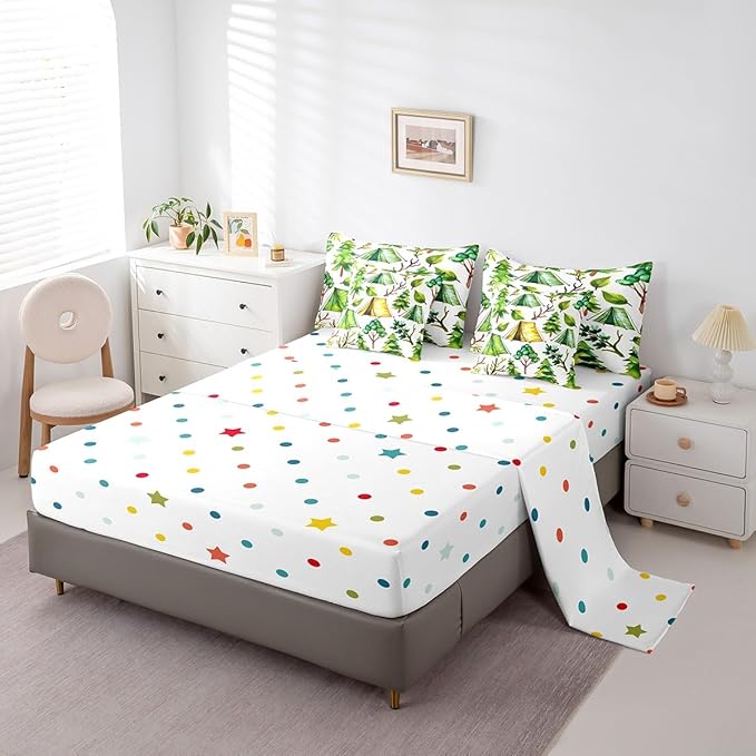 jejeloiu Happy Camping Comforter Set with Sheets Queen Size 7 Pieces Kids Summer Tree Branches Woodland Bedding Set for Boys Girls Leaves Pattern Nature Theme Bed in a Bag Room Decor