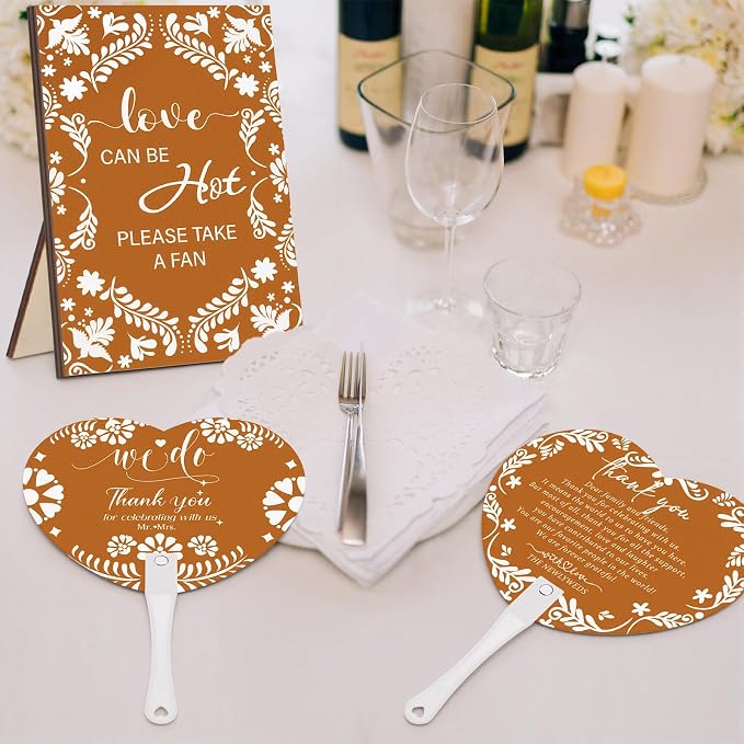 Roowest 101 Pcs Wedding Fans for Guests 100 Pcs Cielito Lindo Hand Fans 1 Table Sign Mexican De Barro Papel Picado Thank You for Celebrating with Us with Wooden Handle for Bridal Shower Fiesta Gift