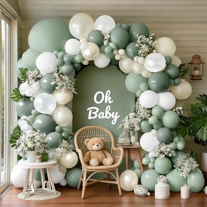 Sage Green White Balloon Garland, Double Stuffed Dusty Green Sand White Pearl Balloons Pastel Balloon Arch Kit for Baby Shower Birthday Bridal Wedding Gender Reveal Graduation Party Decorations