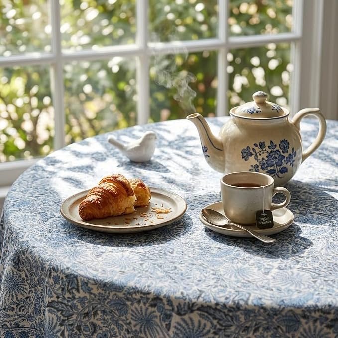 ATOSII Cotton Tablecloth 90" Inches Round Butterfly Blue
