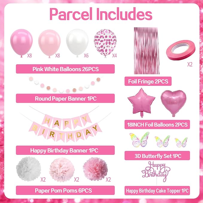 Pink White Birthday Party Decorations 12INCH Light Pastel Pink Confetti Balloons Happy Birthday Banner Cake Topper Fringe Curtain Paper Pom Poms Butterfly Sticker 18INCH Heart Star Foil Girls Women