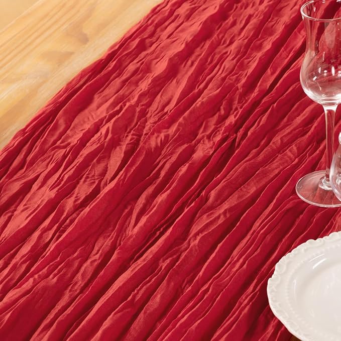 DeZerlor Red Cheesecloth Table Runner 4 Pack Spring Easter Table Runners Boho Gauze 120 Inches Red Cheese Cloth Table Decor for Wedding Bridal Baby Shower Parties
