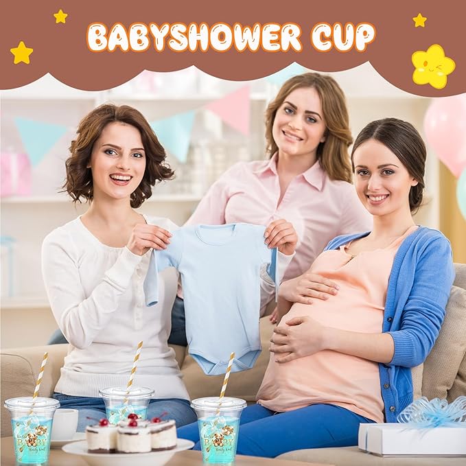 FoldTier 60 Set Baby Shower Party Plastic Cups Bulk 14 oz Disposable Clear Cups with Lids and Paper Straws for Baby Shower Bear Birthday Party Supplies Favor Decorations