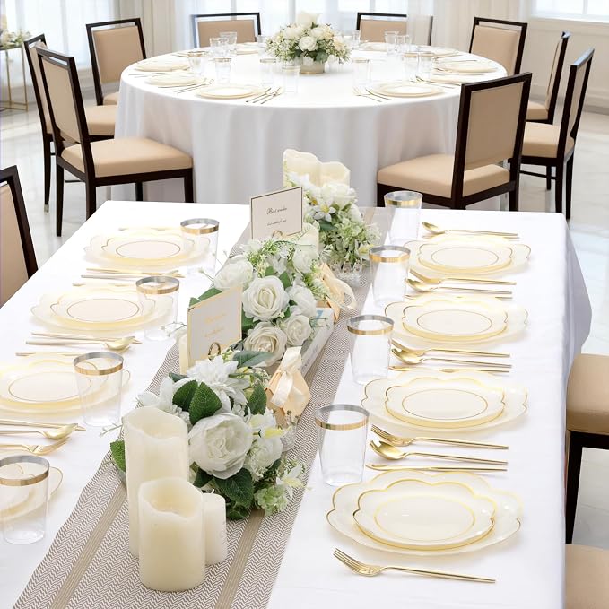 ejonirinjonir EI 180pcs Beige Plastic Plates with Gold Plastic Silverware,Heavy-Duty Disposable Plates for Party,White Dinnerware Set for 30 Guest Wedding,Afternoon Tea,Spring,Valentine's Day,Easter